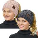 Rosoz Ponytail Beanie for Women,Winter Warm Beanie Tail Soft Stretch Cable Knit Messy High Bun Hat (One Size, 2pack-grey/Beige)