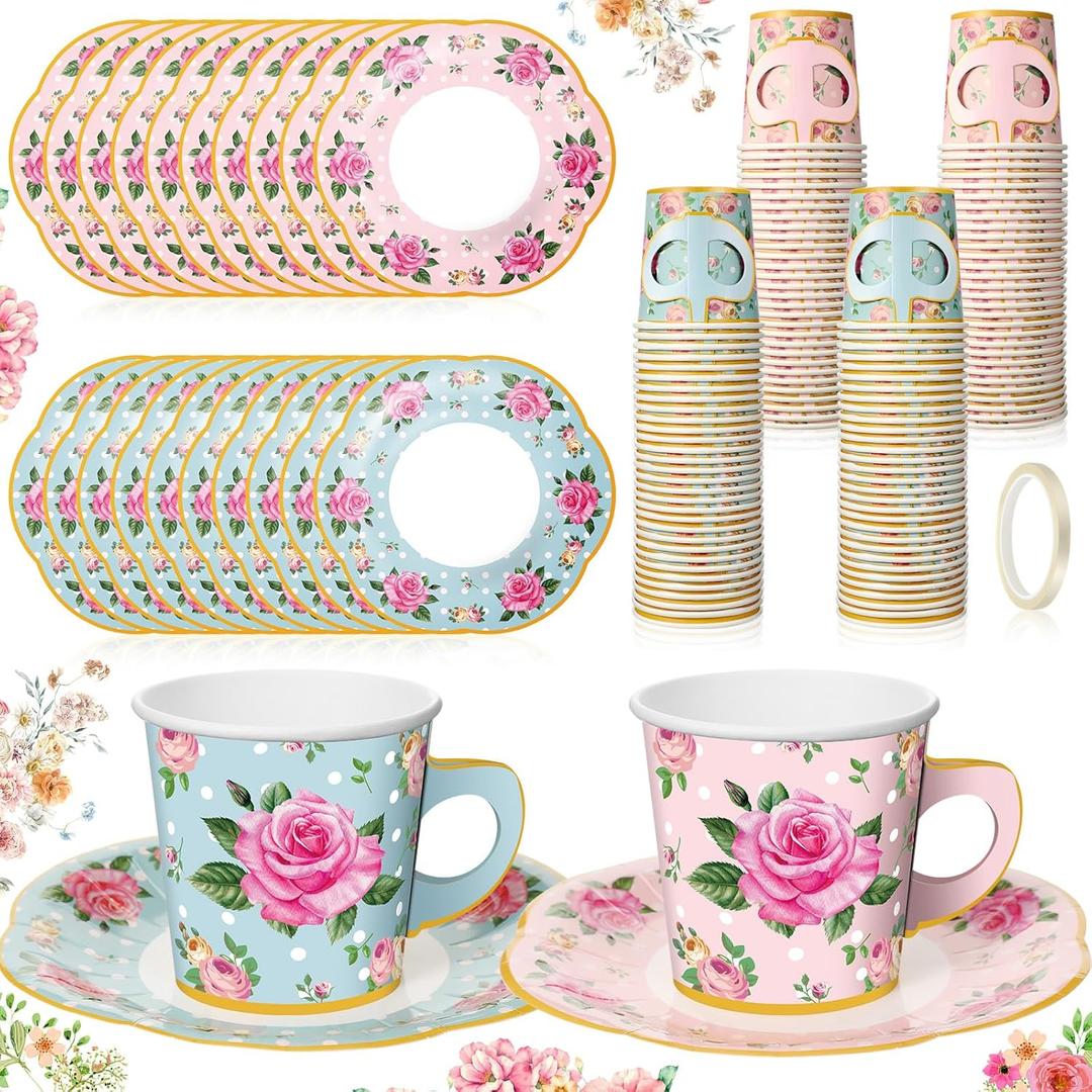 Umigy 60 Sets Tea Party Decorations Floral Paper Tea Cups with Handle and Plates Disposable Blossom Teacups and Saucers Sets with Tape for Hot Cold Drink Birthday(Pink, Blue,6.5 oz)
