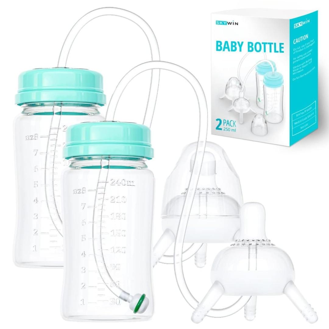 TidyFriend Anti-Colic Baby Bottle for Breastfeeding Babies 8oz, 2 Pack Baby Bottle with Straw for Convenient Feeding (Green)