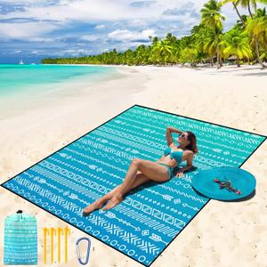 Beach Blanket Waterproof Sandproof Beach Mat 79" X 83"/10'x9'for 2-8 Adults Quick Drying Outdoor Picnic Mat Beach Accessories for Travel, Camping, Hiking (Blue Geometric Tribe)