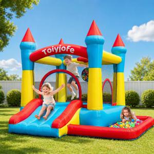 Bounce House for Kids 3-6, with Slide & Ball Pit & Hoop, 5-in-1 Small Indoor Outdoor Inflatable Bouncy Castle, Toddler Jump House for Backyard Family Home Birthday Party, Includes 370W Blower