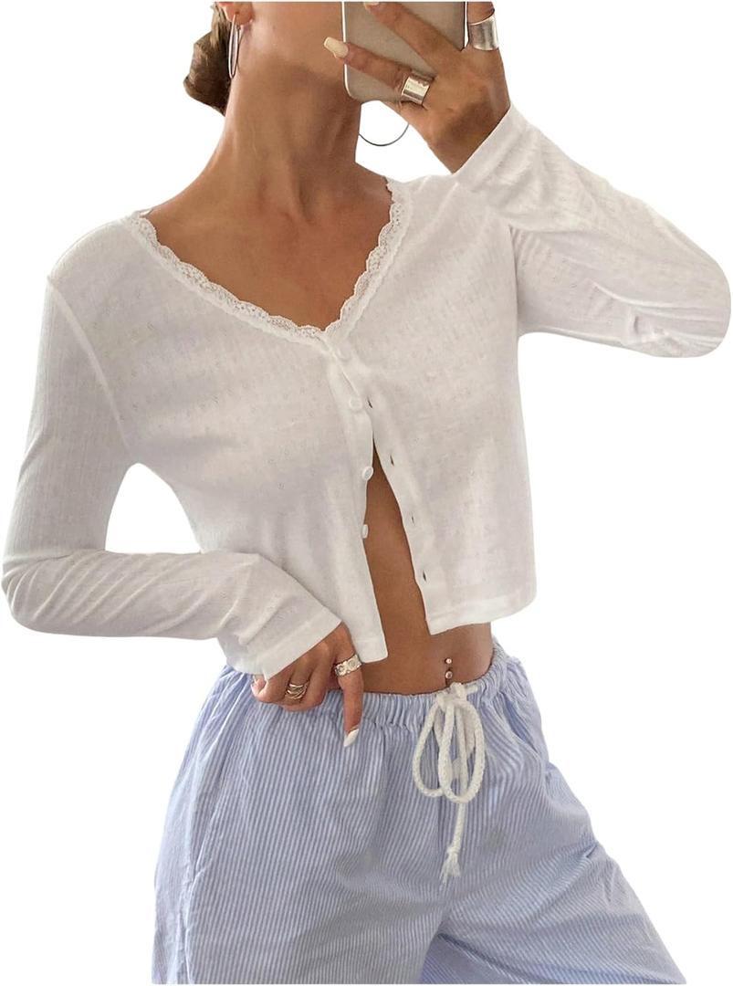WDIRARA Women's V Neck Button Down T Shirts Lace Trim Long Sleeve Tee Crop Top (White, S)