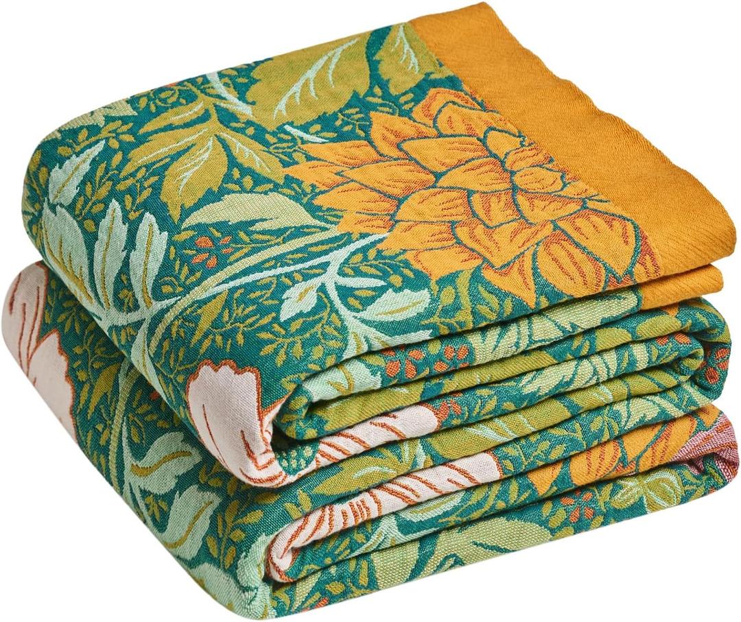 LUTBM Boho Throw Blanket for Couch Sofa Chair Summer Cotton Blankets for Bedroom Living Room All Season Lightweight Reversible Floral Embroidery Throws 50"x60"
