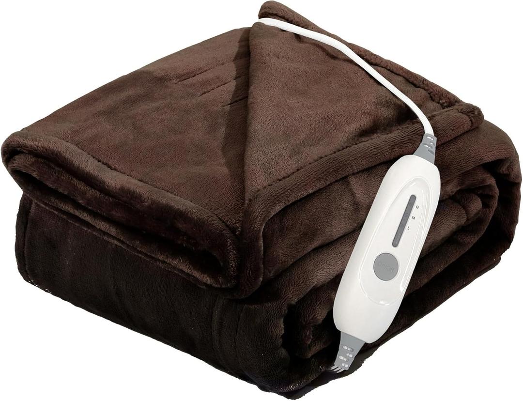 Heated Electric Blanket Throw 50" x 60" with 3 Heating Levels, 4H Auto Off, Fast Heating,2 Sided Flannel with ETL&FCC Certification and Machine Washable, Home Office Travel Use,Dark Brown