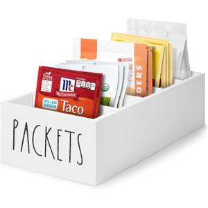 Seasoning Packet Organizer, Spice Packet Storage Organizer with 5 Compartments, Wooden Food Packet Organizer, Caddy Storage for Kitchen Pantry Cabinet, Modern Kitchen Organization Bins (White)