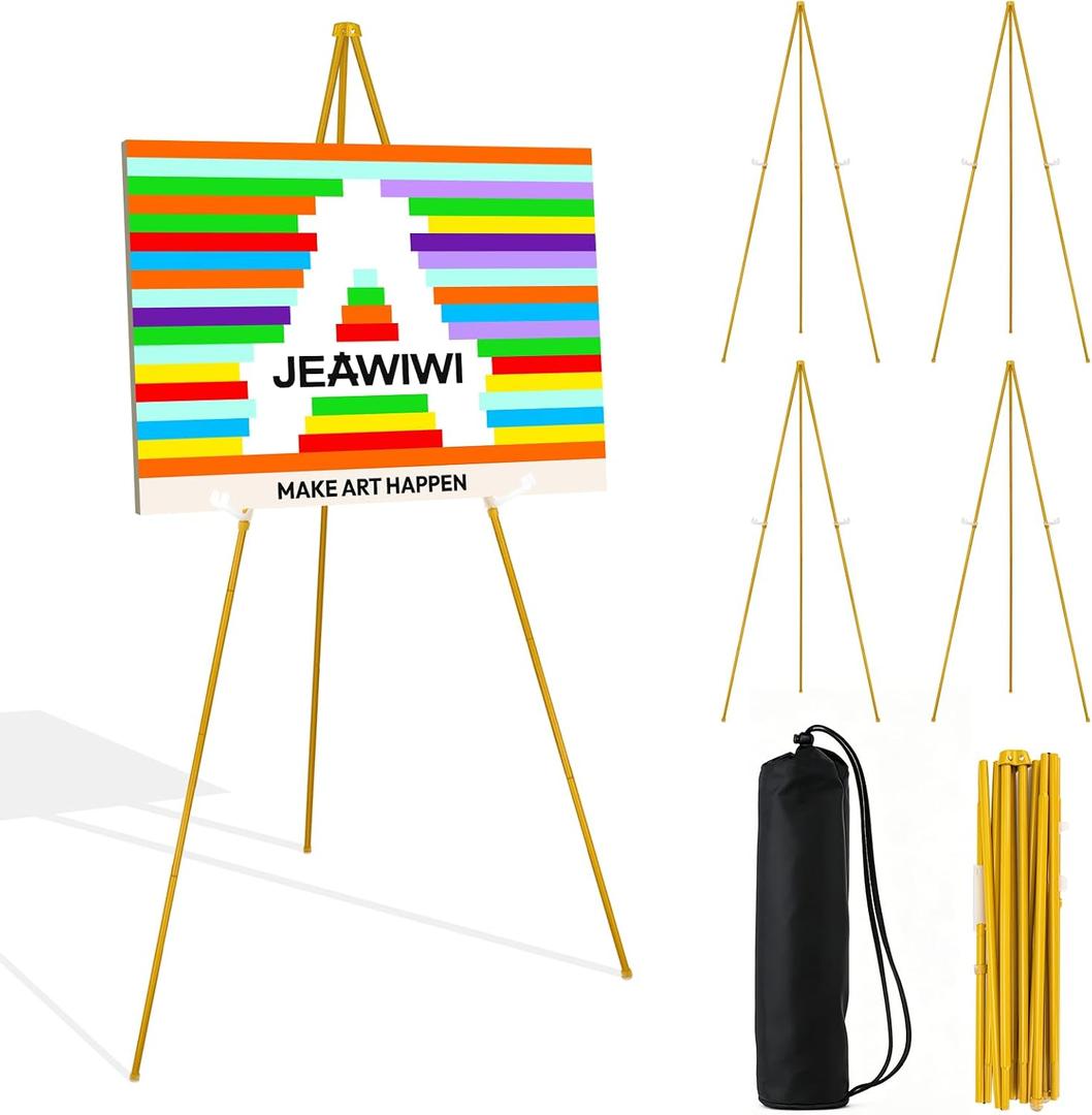 JEAWIWI 5PCS Golden Easel Stand for Wedding Sign Stand, 66 Inch Adjustable Metal Easels for Display, Portable Folding Easel for Wedding, Display Show, Arts, Poster with Portable Bags