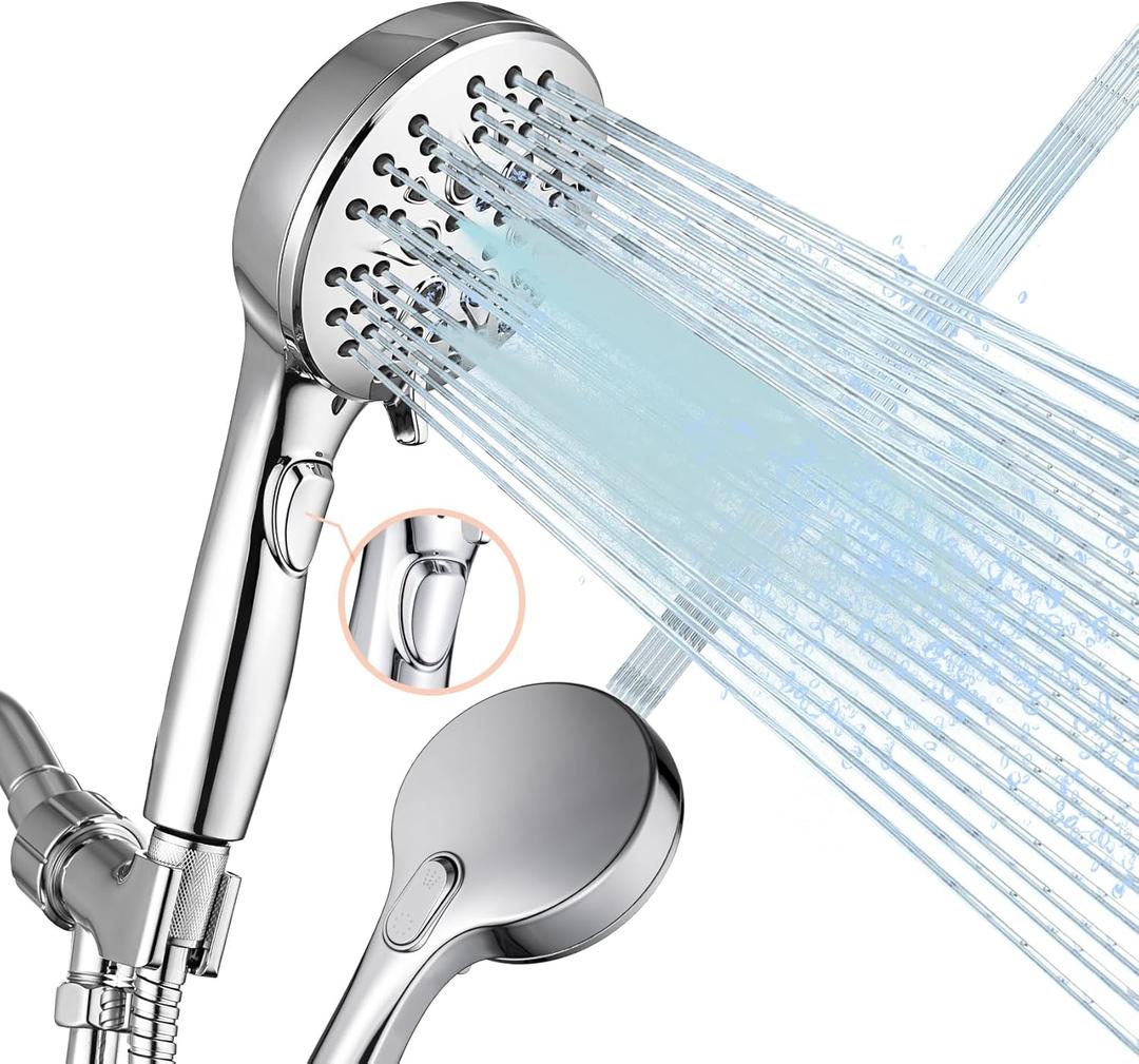 Handheld Shower Head with 79 Inches Long Hose,7 Spray Modes High Pressure ShowerHead with On Off Switch,Built in Power Wash to Clean Pets, Adjustable Shower Brackect,Chrome