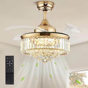36'' Fandelier Ceiling Fans with Light, Chandelier Gold Ceiling Fan, Retractable Crystal Ceiling Fan for Bedroom, Living Room, 3 Color Change, LED Dimmable, 6 Speeds, Reversible DC Motor