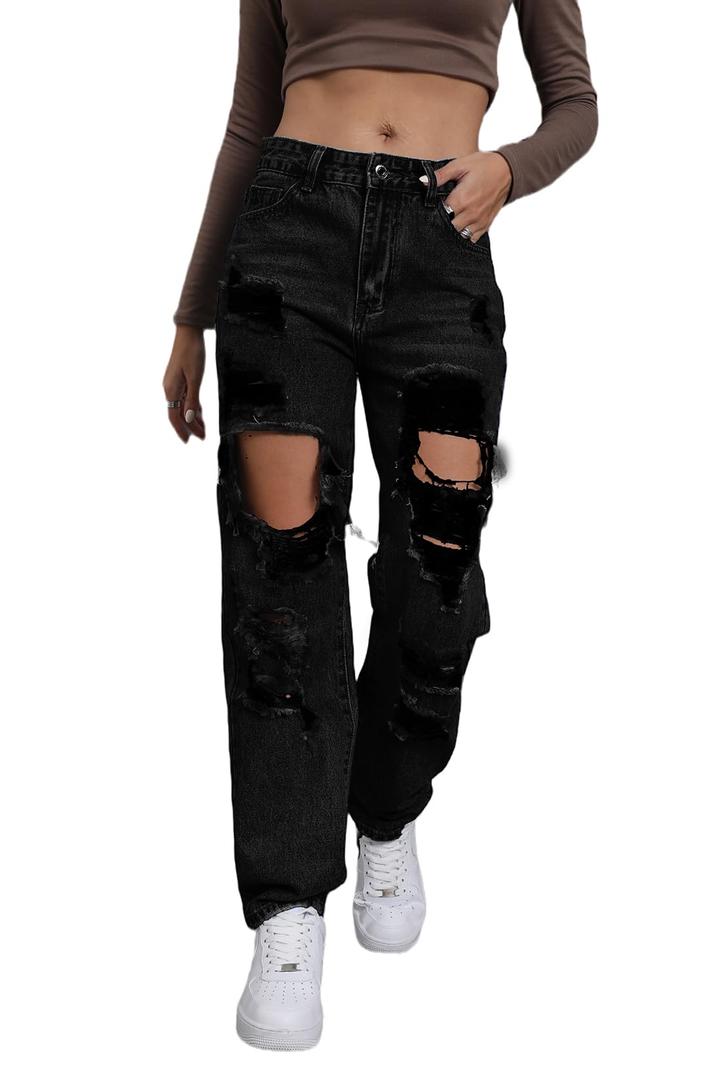 Ripped Jeans Womens Distressed high Waisted Jeans for Women Trendy Wide Straight Leg Y2k Pants Women’s Jeans, XS