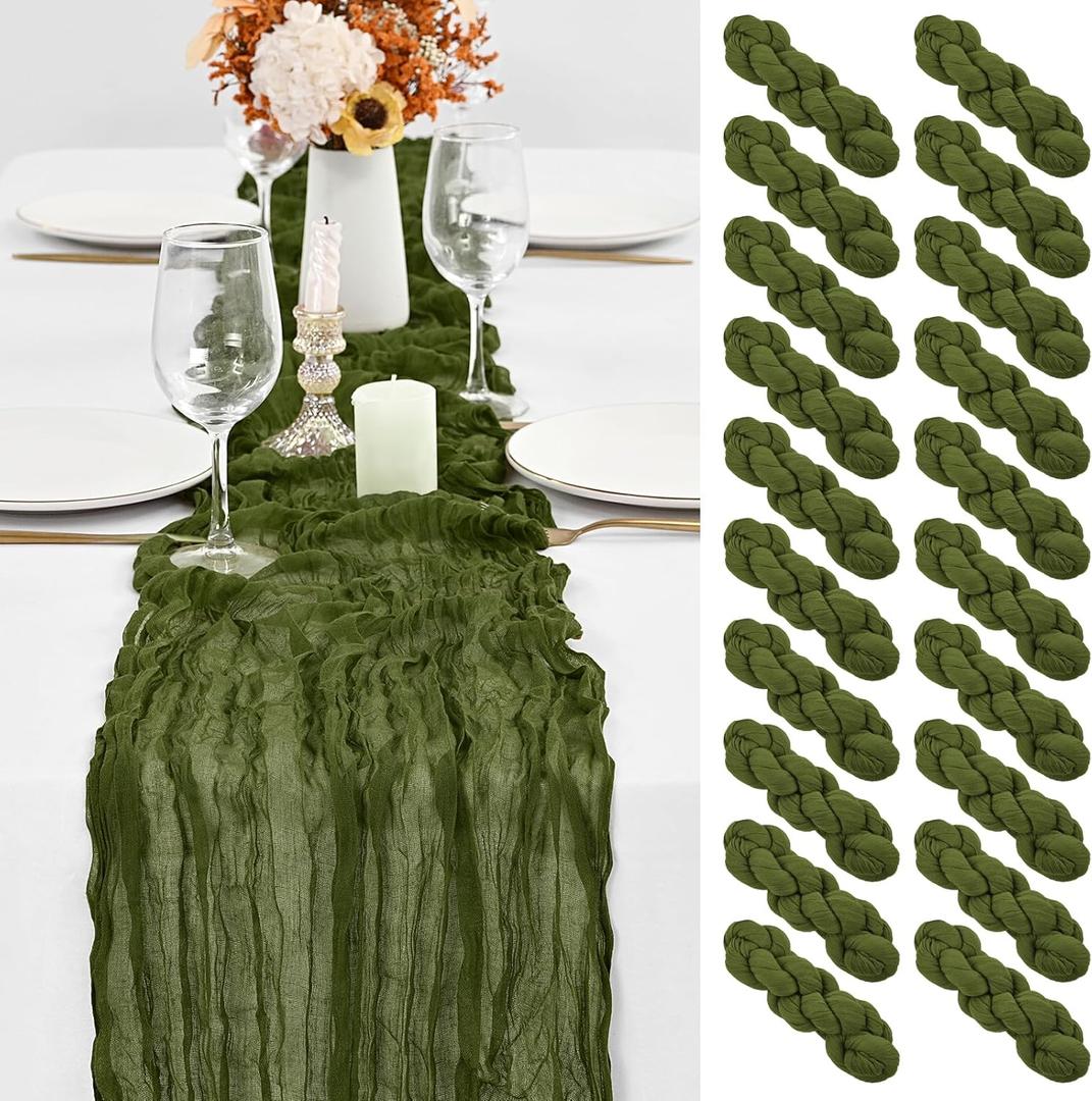 20 Pack Olive Green Table Runner 10Ft Cheesecloth Table Runner Romantic Boho Gauze Table Runners Long Sheer Fabric Cheese Cloth Table Runners for Wedding Party Bridal Shower(Olive Green)