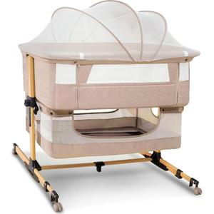 Baby Girl Bassinet, 3 in 1 Bedside Bassinet for Baby, Rocking Bassinet with Mattress and Mosquito Net, 5-Height Adjustable, Breathable Mesh, Easy Assemble Crib for Newborn, Pink, Twin