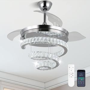 FRIXCHUR 42" Crystal Chandelier Ceiling Fans with Lights and Remote Dimmable Fandelier Retractable Crystal Ceiling Fans 3 Rings Invisible Blades Crystal Ceiling Fans for Bedroom Living Room 30W*2