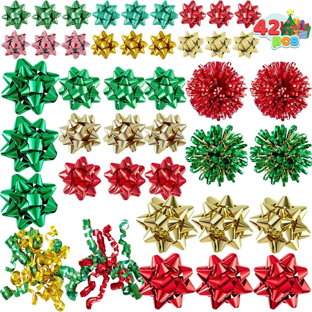 JOYIN 42 Pcs Gift Bows Assortment for Christmas with 36 Multi-Colored Assorted Size Self Adhesive Bows, 4 Tinsel and 2 Curly for Gift Wrapping, Christmas Wrapping Ribbon (3 Sizes) (Green,Red,Gold)