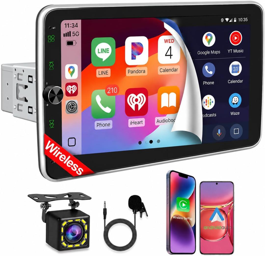 10.1 Inch Single DIN Car Stereo with Wireless CarPlay, Bluetooth 5.2, 720x1280 IPS Rotatable Touchscreen, FM AM RDS Radio with Android Auto, USB/Type-C Fast Charging, Backup Camera, Hands-Free Calling