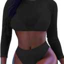 Meyeeka Womens Sexy High Waist Rash Guard Swimwear Long Sleeve 3PCS Swimsuit (Medium, Black)