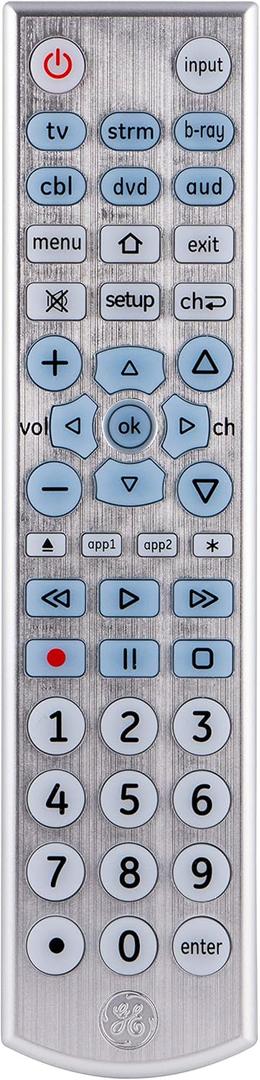 GE Big Button Backlit Universal Remote Control for Samsung, Vizio, Lg, Sony, Sharp, Roku, Apple TV, TCL, Panasonic, Smart TVs, Streaming Players, Blu-Ray, DVD, 6-Device, Silver, 33712