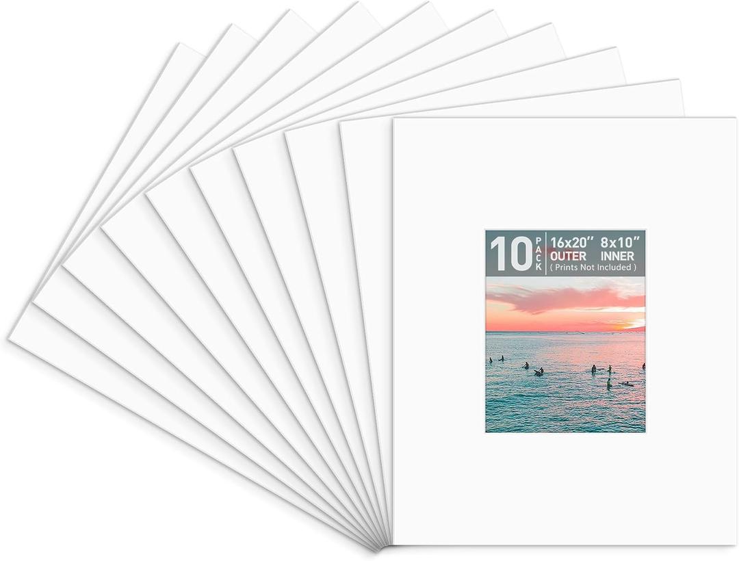 Golden State Art, Pack of 10, Pre-Cut 16x20 Picture Mats Bevel Edge 7.5x9.5 Opening for 8x10 Photos, White