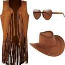 Cowgirl Outfits for Women 60s 70s Hippie Sleeveless Fringe Vest with Cowboy Hat and Sunglasses Halloween Costumes (Large, Brown)
