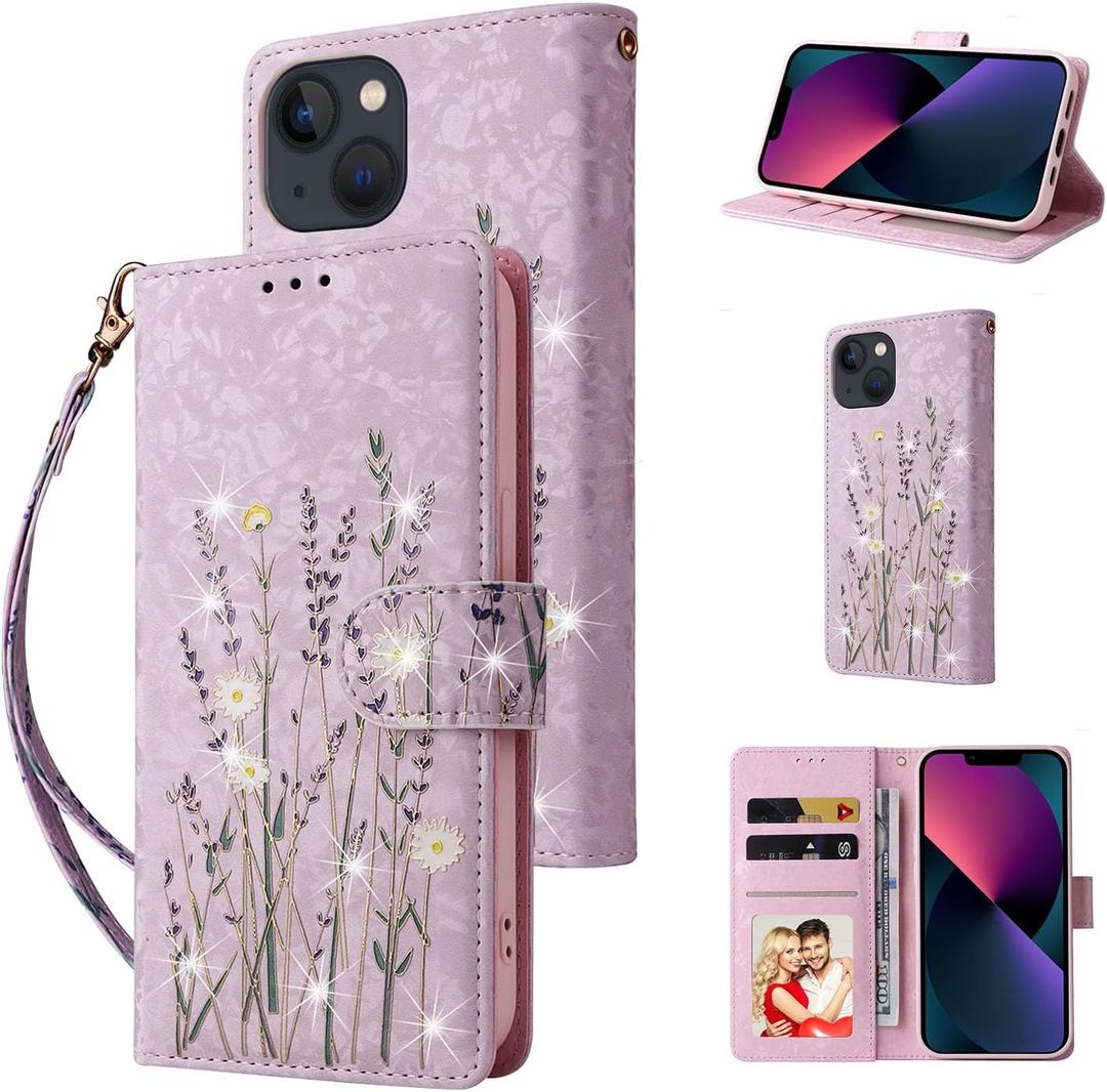 UEEBAI Wallet Case for iPhone 14 Plus/15 Plus, PU Leather Phone Case Kickstand RFID Blocking Flip Case Card Slots Wrist Strap Relief Engraved Pattern Magnetic Closure Flower Folio Case, Lavender