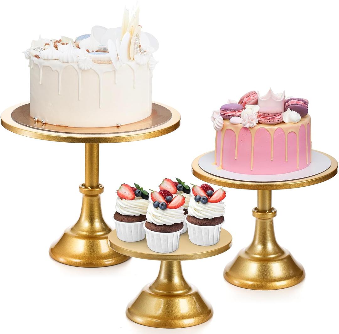 yarlung 3 Pack Gold Cake Stands, 8/10/12 Inch Metal Cupcake Display Stand Pillar Style Dessert Stand for Wedding, Party, Birthday, Celebration, 3 Sizes