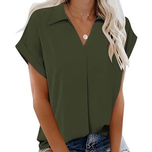 NILOINE Womens Blouses Dressy Casual Summer Tops Short Sleeve Work Tops Soild Color Blouse for Business(M,4-Army Green)