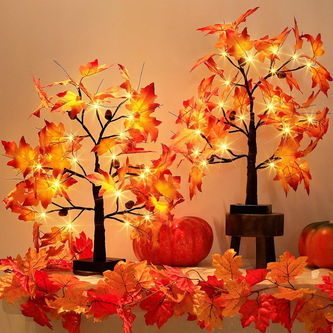 EAMBRITE Lighted Maple Tree Fall Decor, Fall Tree with Lights Thanksgiving Decorations,24 LED 2 Ft Artificial Tree USB/Battery Operated Centerpiece Table Decorations for Autumn Harvest Home (2 Pack) (Orange)