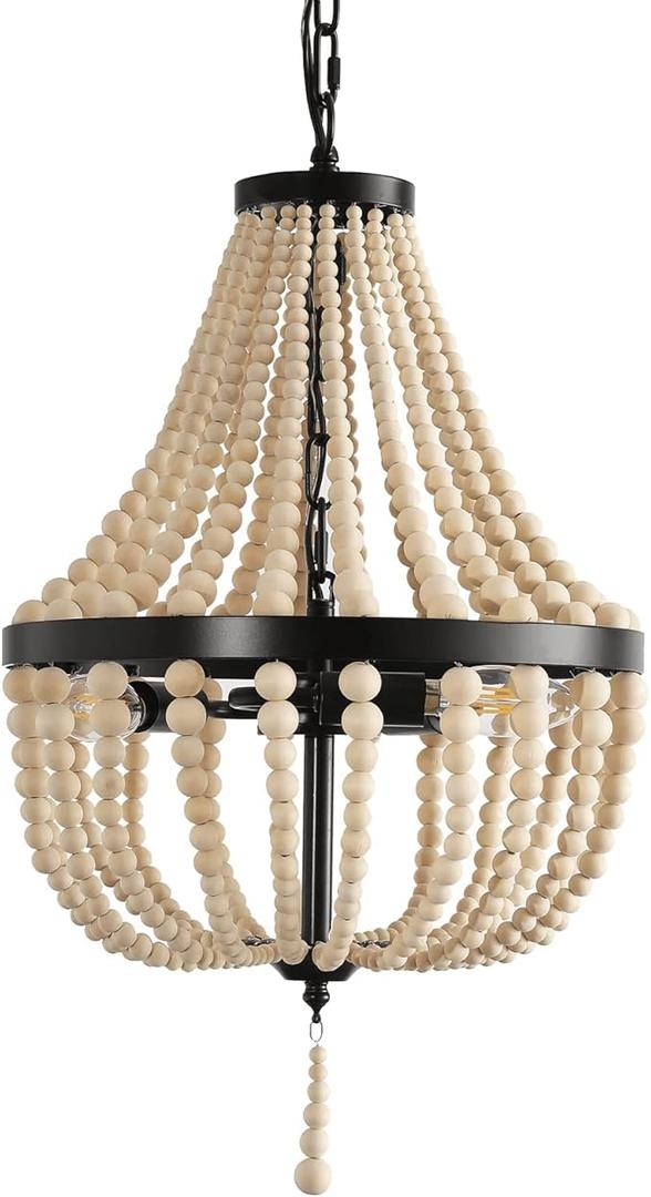 3-Light Plug in Chandelier Dimmable and Timer Mini Wood Beaded Bohemian Pendant Light Fixture with 16.4ft Swag Cord,Black Metal Finish Natural Color Beads,Dining Room,Living Room,Foyer,Bedroom