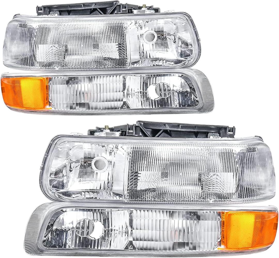 Headlight Assembly Crystal Compatible with 99-02 Chevy Silverado 00-06 Suburban Tahoe Halogen Headlights Replacement, Chrome Housing Amber Reflector