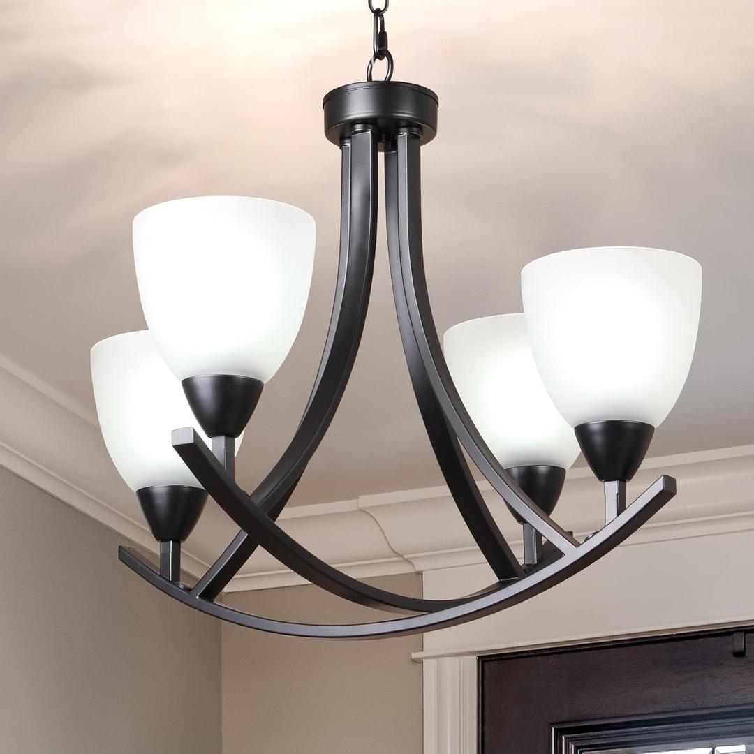 Modern Black Farmhouse Chandeliers with Frosted Glass Shaded, Vintage Ceiling Light Fixtures for Dining Room, Rustic Chandelier 4-Lights Pendant Light for Entryway, Foyer, Kitchen, Bedroom, E26 Bulb