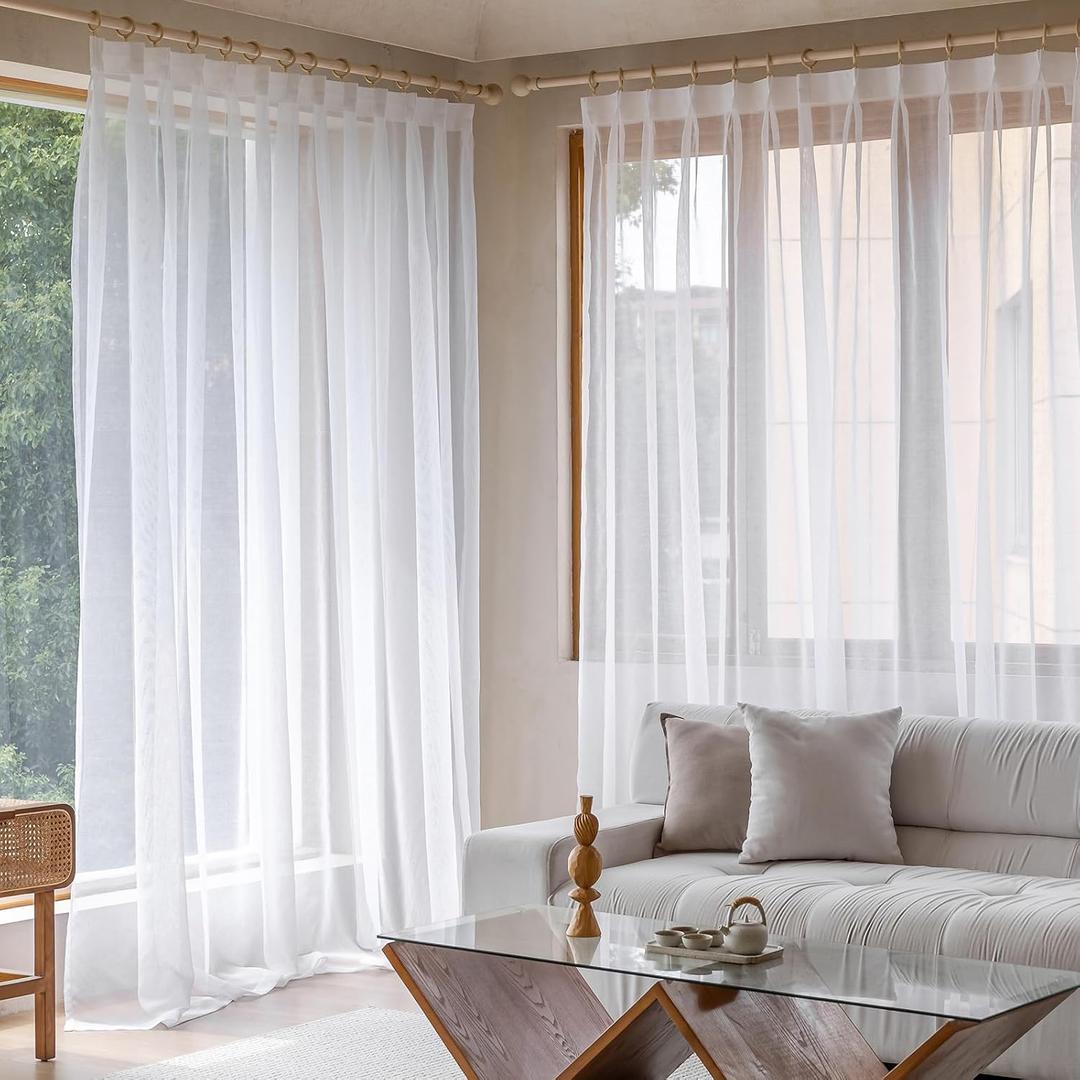 White Pinch Pleated Curtains for Living Room Bedroom Meeting Room Window Curtains Faux Linen Semi Sheer Drapes Light Filtering with Hooks Traverse Rods 1 Panel 52x108 Inches Long