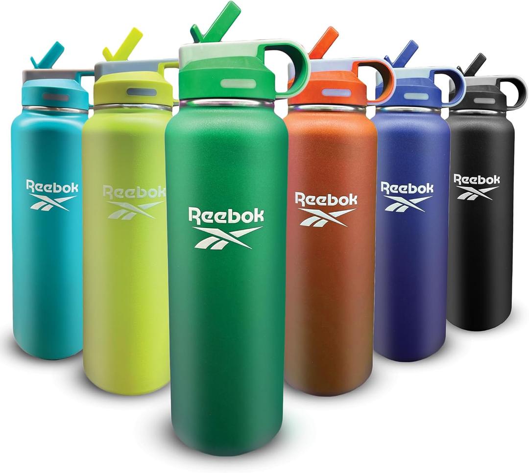Reebok Stainless Steel Water Bottle With Straw & Lifestyle Design - Insulated Water Bottles 40 oz - Double Wall Vacuum Insulated Sports Water Bottle With Straw, BPA Free (Green)