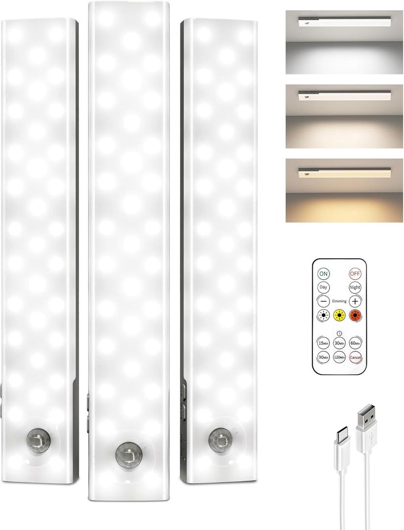 EZVALO 3-Pack Under Cabinet Lighting, 2000mAh Rechargeable Wireless Motion Sensor Lights, 62LEDs, 3 Color Temps, Dimmable, Timer, Magnetic, with Remote Control for Kitchen, Closet, Stair