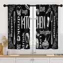 Arttown Black Kitchen Curtains 45 Inch Length White Doodle Window Short Tier Curtains Over Sink Set of 2, Modern Abstract Kitchen Decor 42x45 Inch