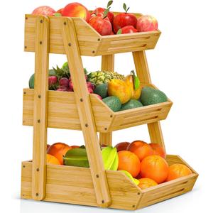 [Upgraded] Bamboo Fruit Basket with 4 Legs, 3-Tier Fruit Stand Storage Holder, Detachable Fruit Bowl for Countertop, Vegetable Holder for Kitchen Counter Organizer, Snack & Bread Storage Basket Stand