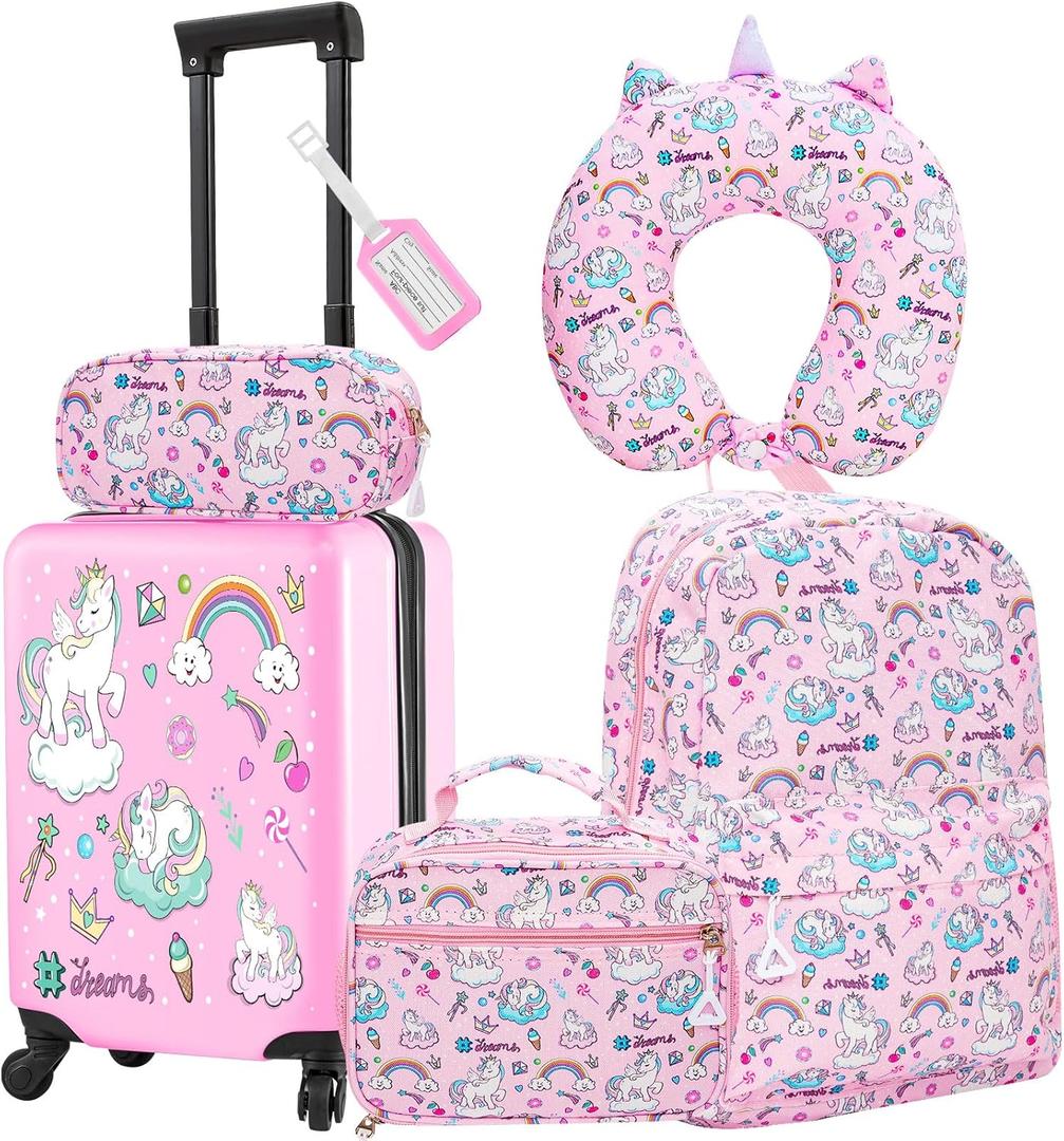 Redbaker 6 Pcs Kids Luggage Set 17 Inch Kids Rolling Luggage Double Pattern Suitcase for Girls Boys School Gift(Soft Pink,Unicorn)