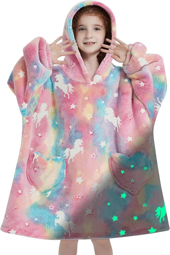 Fiosnow Glow in the Dark Unicorn Blanket Hoodies for Kids 6-13YR Oversize Wearable Blanket Hoodies for Boys Girls Teens (Pink Luminous Unicorn)