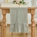 Sage Green Gingham Plaid Ruffle Table Runner 72 Inches Long, 100% Washed Cotton Double Layer Farmhouse Dining Decor for Holiday, Home Party Wedding, 13 x 72 inches