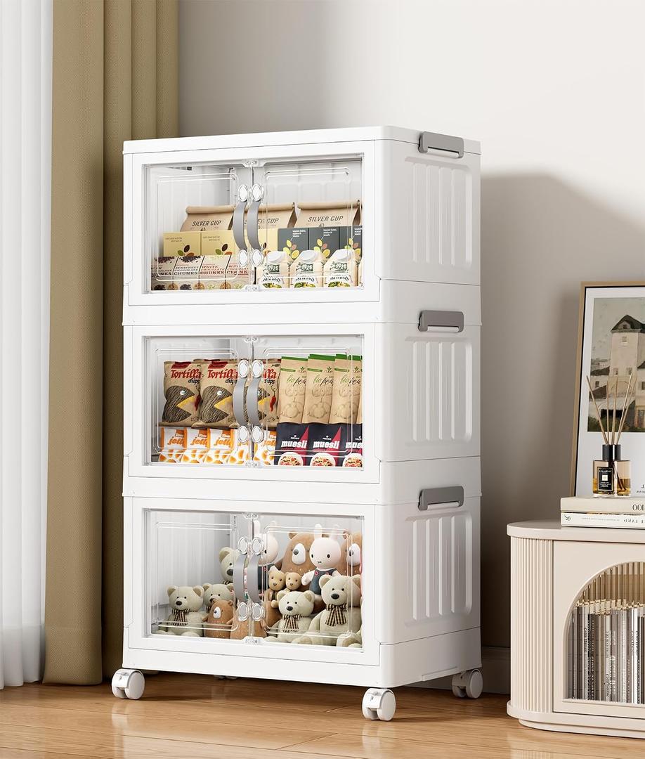 Hanyi 105 QT Stackable Storage Bins with Lids, 3 Tier Collapsible Plastic Storage Cabinet with Magnetic Doors, Removable Top Lid, Locking Wheels, Closet Organizer for Bedroom, Pantry, Office