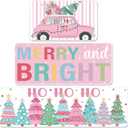 Layhit 3 Pcs Pink Christmas Kitchen Rugs and Mats Set Pastel Merry & Bright Xmas Kitchen Rugs Christmas Trees Truck Striped Holiday Pink Decor for Xmas Party 20'' x 59'', 20'' x 47'', 20'' x 32''