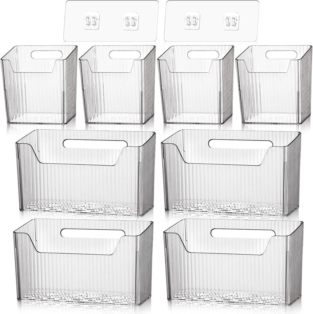 SiliFine 8 Pcs Storage Organizer Bins Wall Mounted Organizer Basket Plastic Cabinet Door Bins Stackable Hanging Baskets for Organizing for Wall Refrigerator Kitchen Bathroom Pantry(3.94'',Clear)