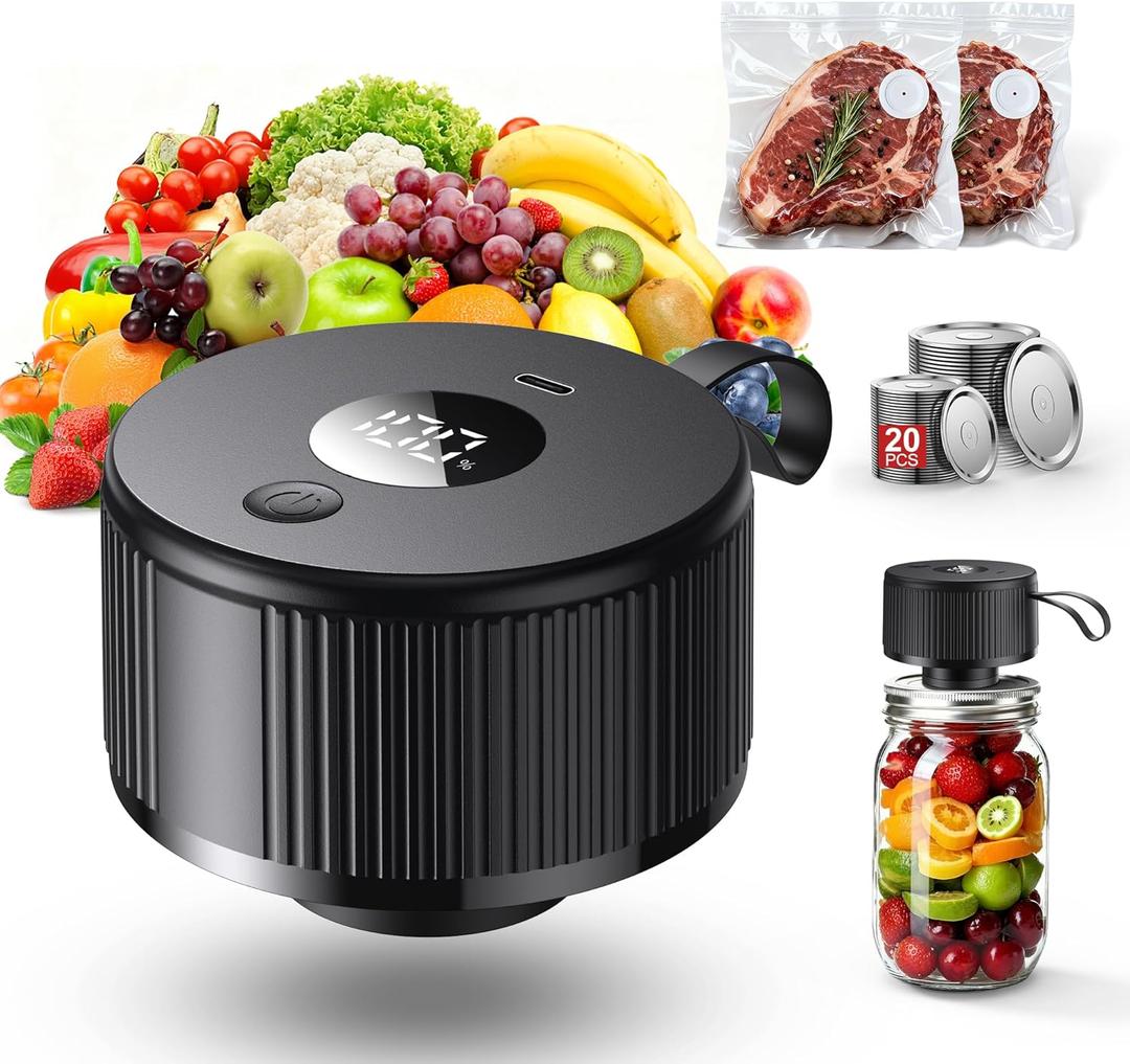 Electric Mason Jar Vacuum Sealer, 2026 Upgraded Handheld Auto-Vacuum Seal Kit, No Assembly Required, Fits Wide & Regular Mouth Jars, Vacuum Containers & Bags for Meal Prep & Homesteading
