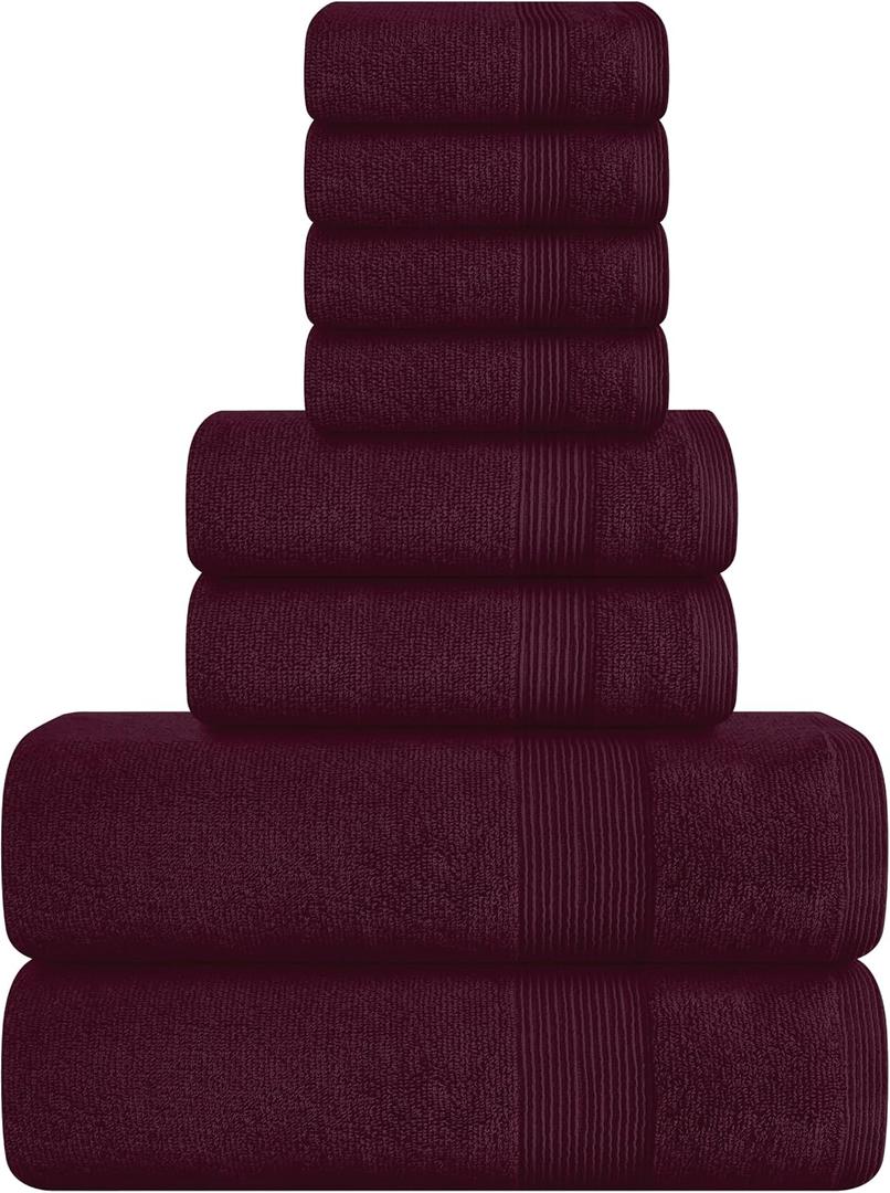 Belizzi Home 8 Piece Towel Set 100% Ring Spun Cotton, 2 Bath Towels 27x54, 2 Hand Towels 16x28 and 4 Washcloths 13x13 - Ultra Soft Highly Absorbent Machine Washable Hotel Spa Quality - Burgundy