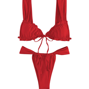 Women's Two Piece Swimsuits Frill Trim Tie Front Bathing Suit Wide Straps High Cut Sleeveless Bikini Sets, Size S