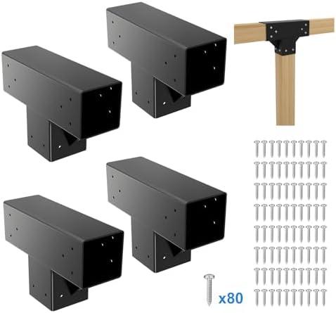 Pergola Kit T Shaped 4x4(Actual: 3.64"x3.64")-4 Pack Pergola Brackets 4x4-3 Way DIY Woodworks Gazebo Brackets Kit with Screws for Wood Beams-Elevated Wood Stand T Brackets for Sunroom Carport Cabin