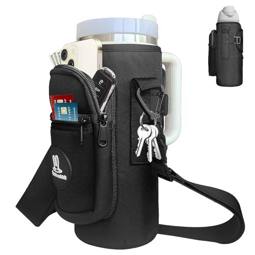 Sports rabbit Water Bottle Holder with Strap – Universal Fit for 40oz Bottles – Compatible with Stanley, Owala, Hydro Flask – Large Pocket, Adjustable Crossbody Strap for Gym, Office, Outdoor (Black)