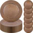 Mifoci 50 Pcs Faux Wooden Charger Plates 13 Inch Round Rustic Plastic Plates Antique Design Bulk Decorative Chargers for Dinner Tray for Wedding Dinner Table Farmhouse Party Event(Brown)