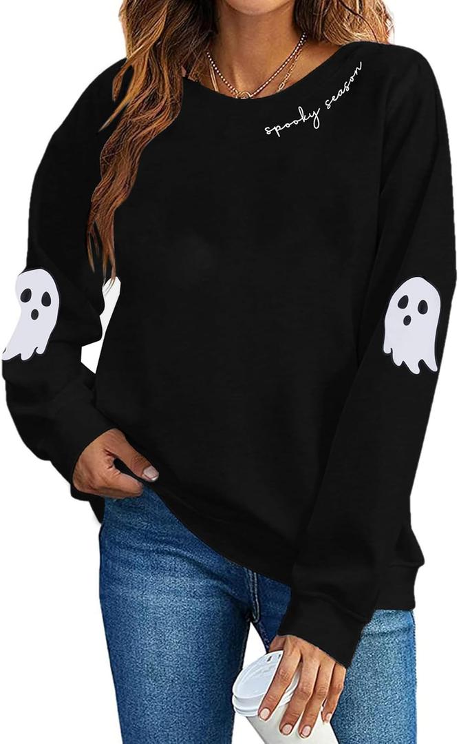 HEBBE Spooky Season Sweatshirts Halloween Ghost Sweatshirt Women - Halloween Graphic Crewneck Tops Casual Sweater (Large, Black)