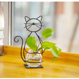 Desktop Glass Planter Vase Holder, Metal Cat Plant Terrarium Stand for Plants Creative Decorations for Home Patio Lawn Garden