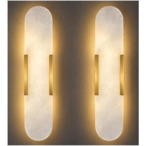 Alabaster Wall Sconce, Natural Marble Wall Light, Modern White Stone Wall Mounted Lighting Fixture for Bathroom Vanity, Bedroom, Living Room, Hallway, Stairs, Entryway (Gold, 2PCS)
