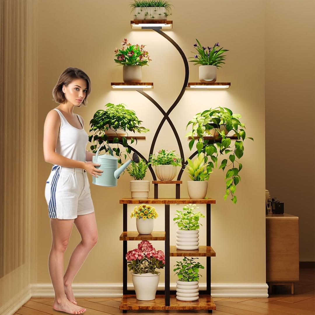 FRIZIONE 68 Inches Metal Plant Stand Indoor with Grow Lights, 10 Tier Lighted Plant Stands for Indoor Plants Multiple, Flower Spike-Shaped Tall Plant Shelf for Indoor Plants